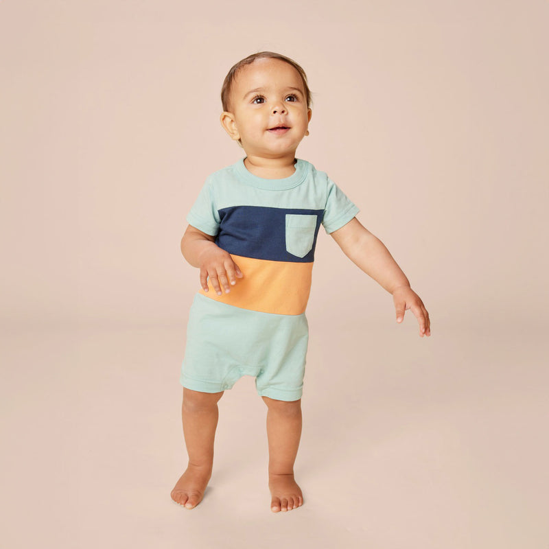 Tea Collection Pop Pocket Shortie Baby Romper - Canal Blue