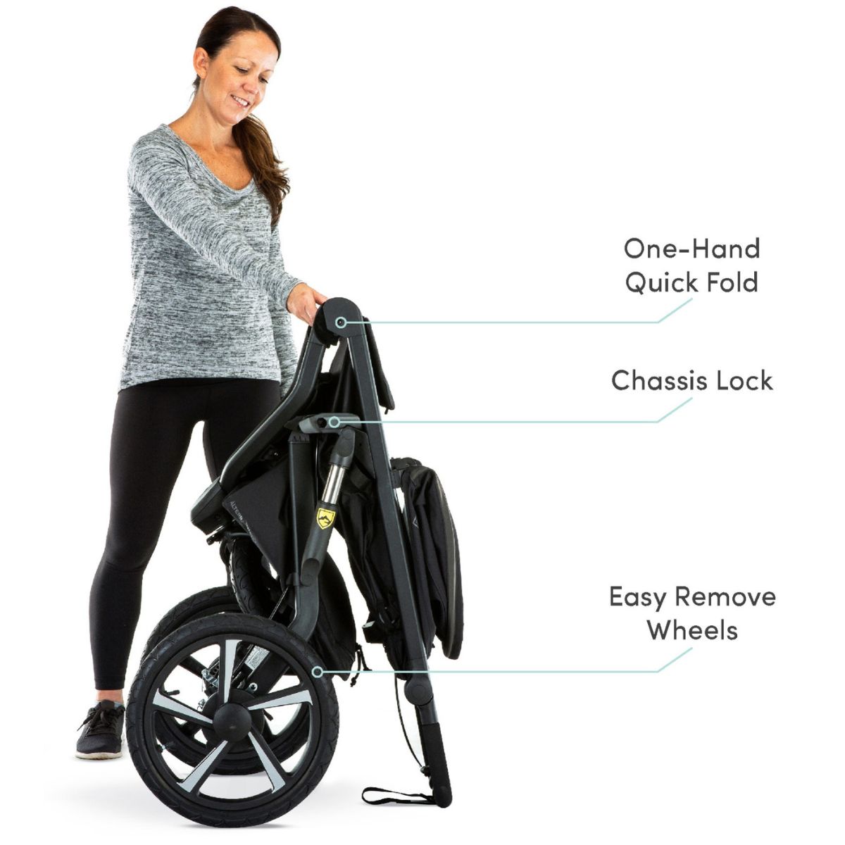 Woman demonstrating BOB Alterrain Pro Jogging Stroller Fold Features - Black