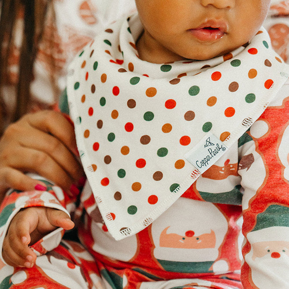 Baby wears Copper Pearl Single Holiday Bandana Bib - Gingerbread Holiday Dots