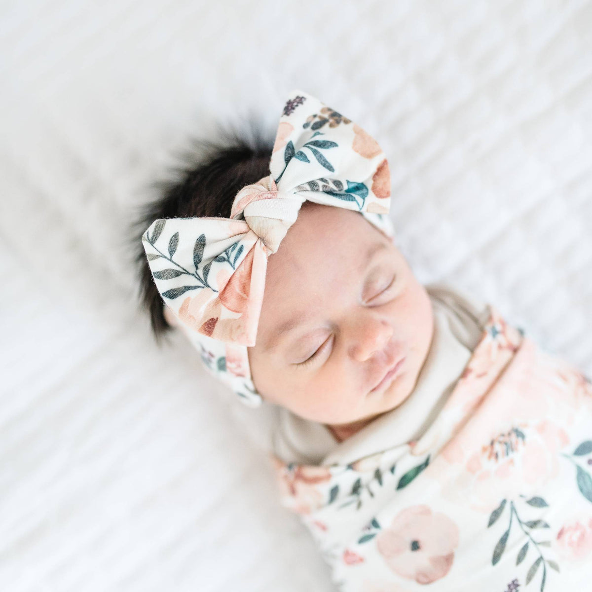 Baby sleeps while wearing Copper Pearl Knit Headband Bow - Autumn