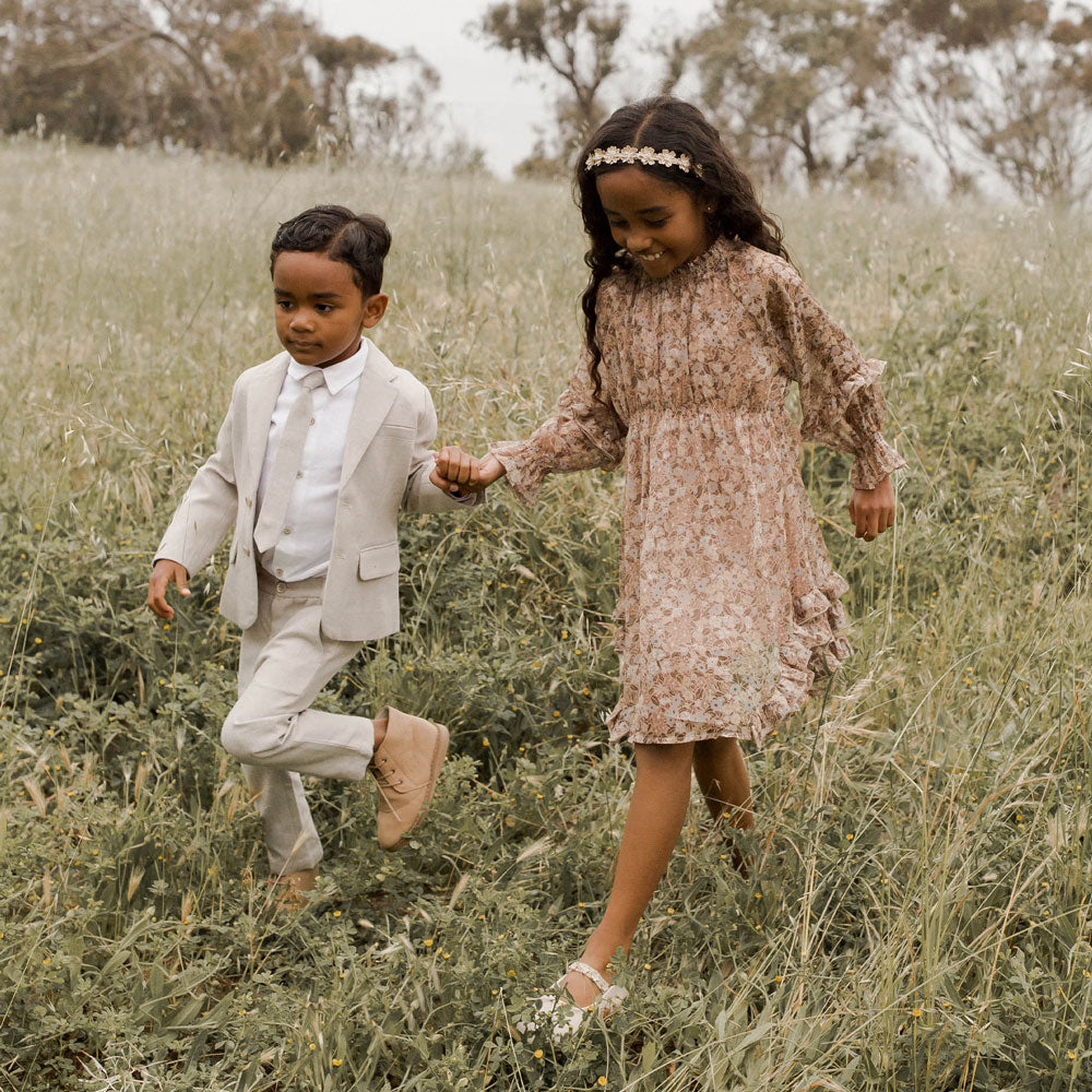 Boy wearing Noralee Sebastian Pant - Fog standing next to girl