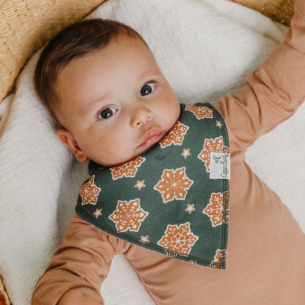 Baby wears Copper Pearl Single Holiday Bandana Bib - Gingerbread Snowflake