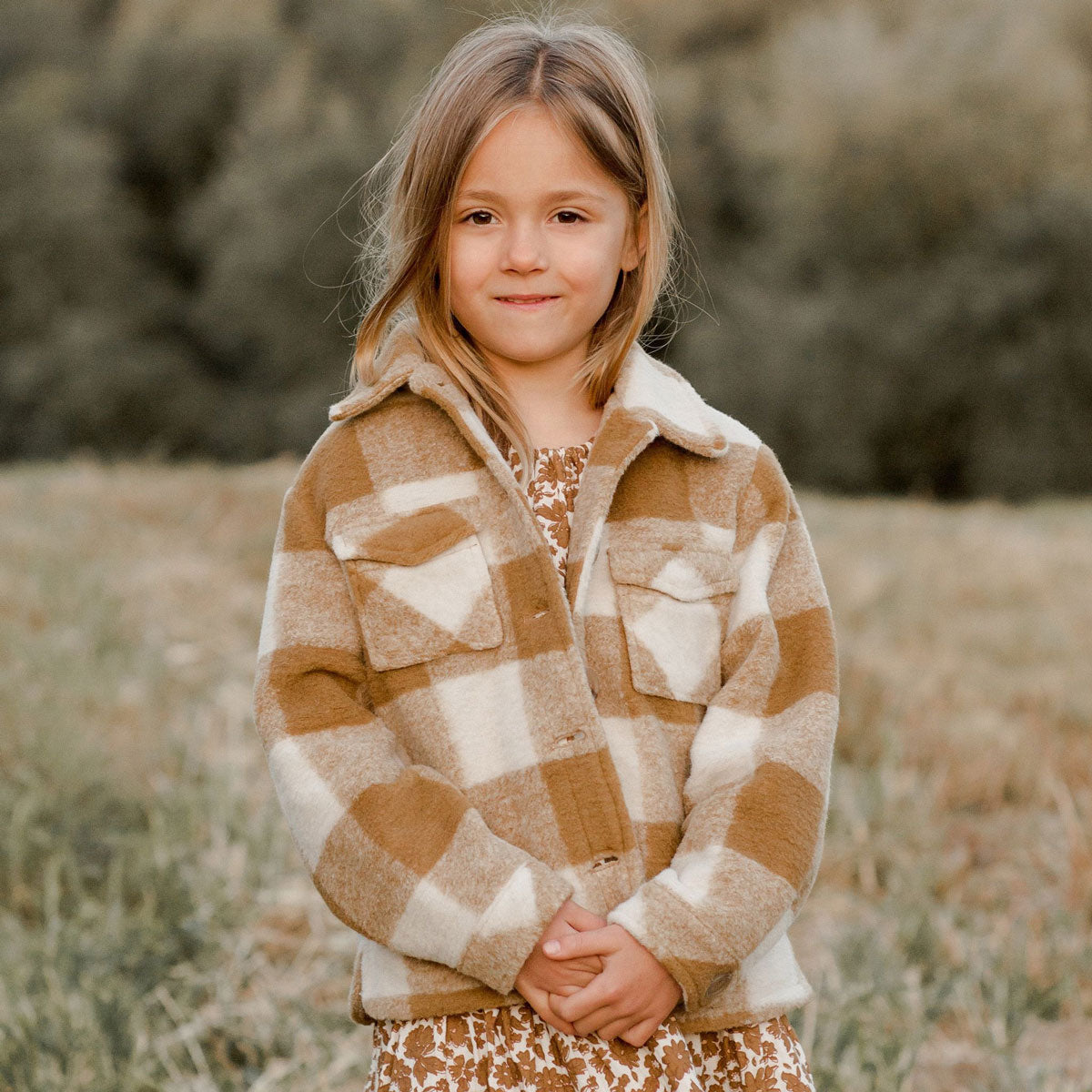 Girl wearing Rylee and Cru Shearling Chore Coat - Brass Checker