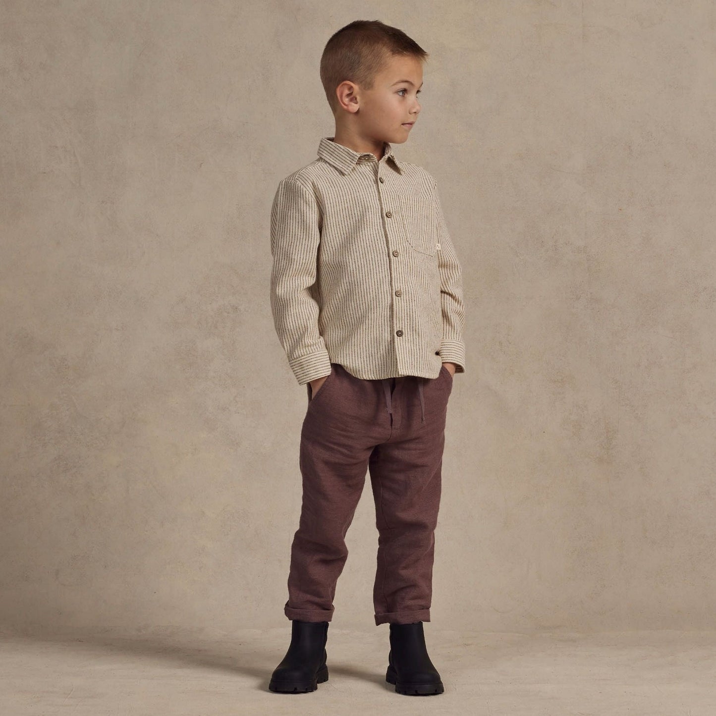 Boy wearing Rylee and Cru Kalen Pant - Plum