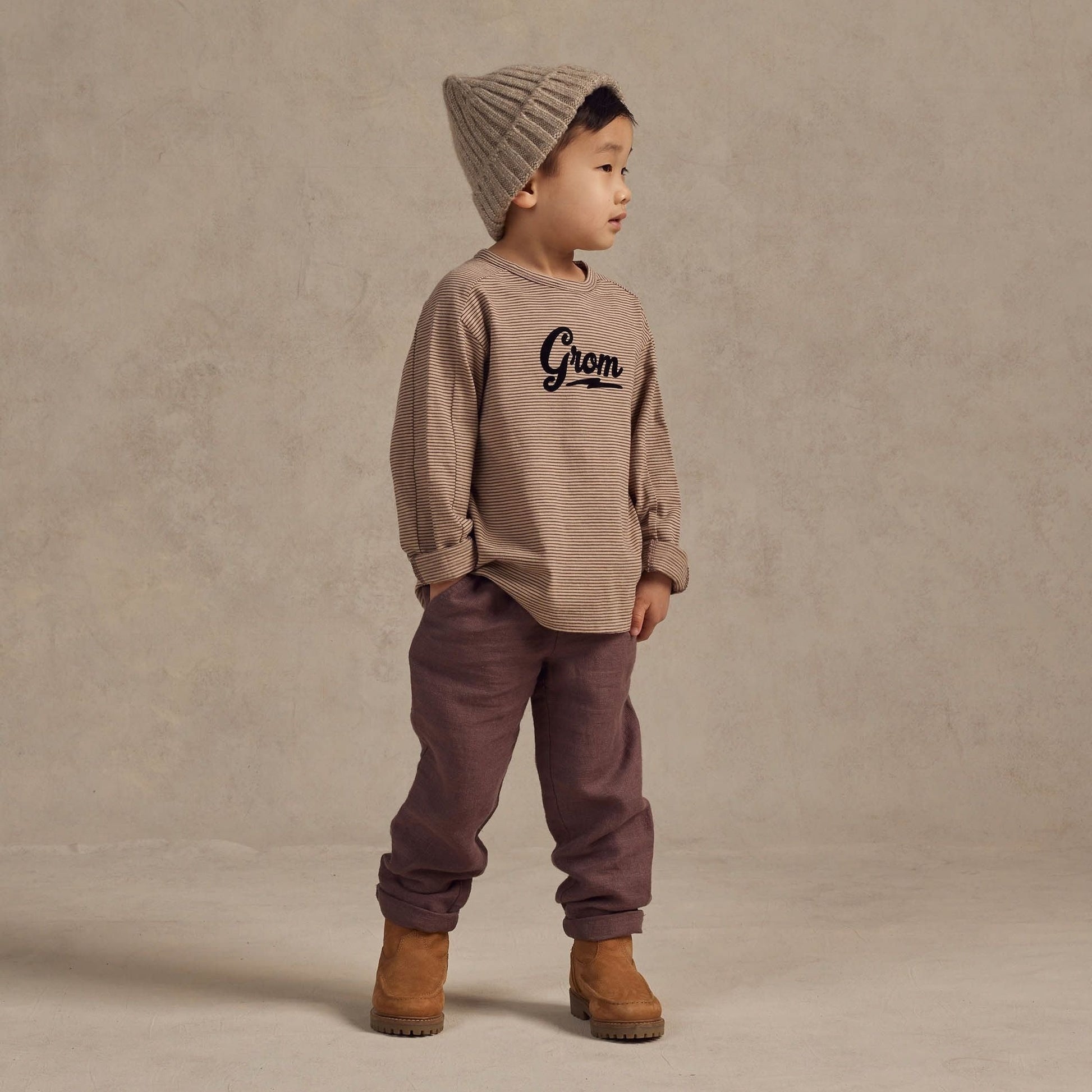 Boy wearing Rylee and Cru Long Sleeve Paneled Tee - Grom - Plum / Sand Stripe