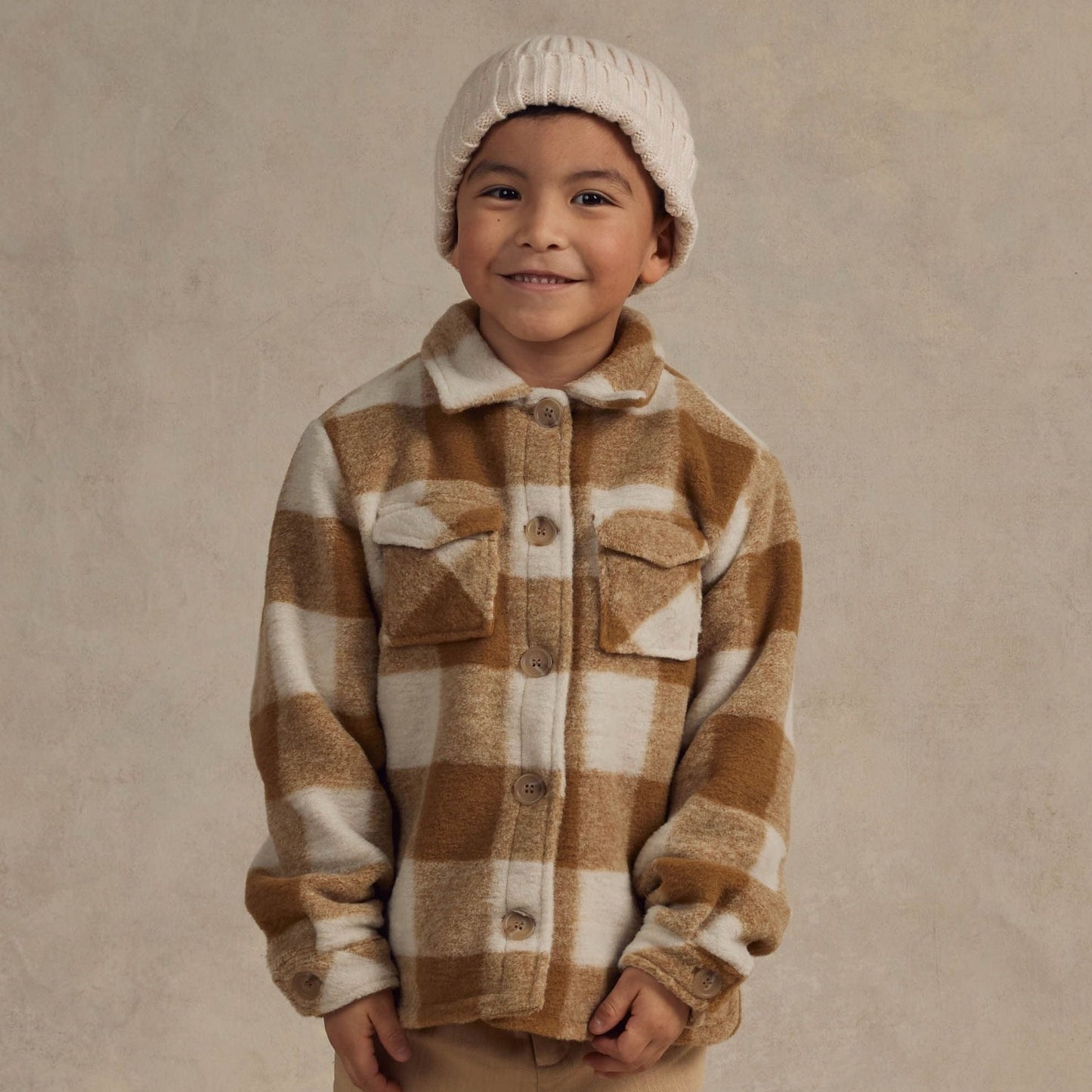 Boy wearing Rylee and Cru Shearling Chore Coat - Brass Checker