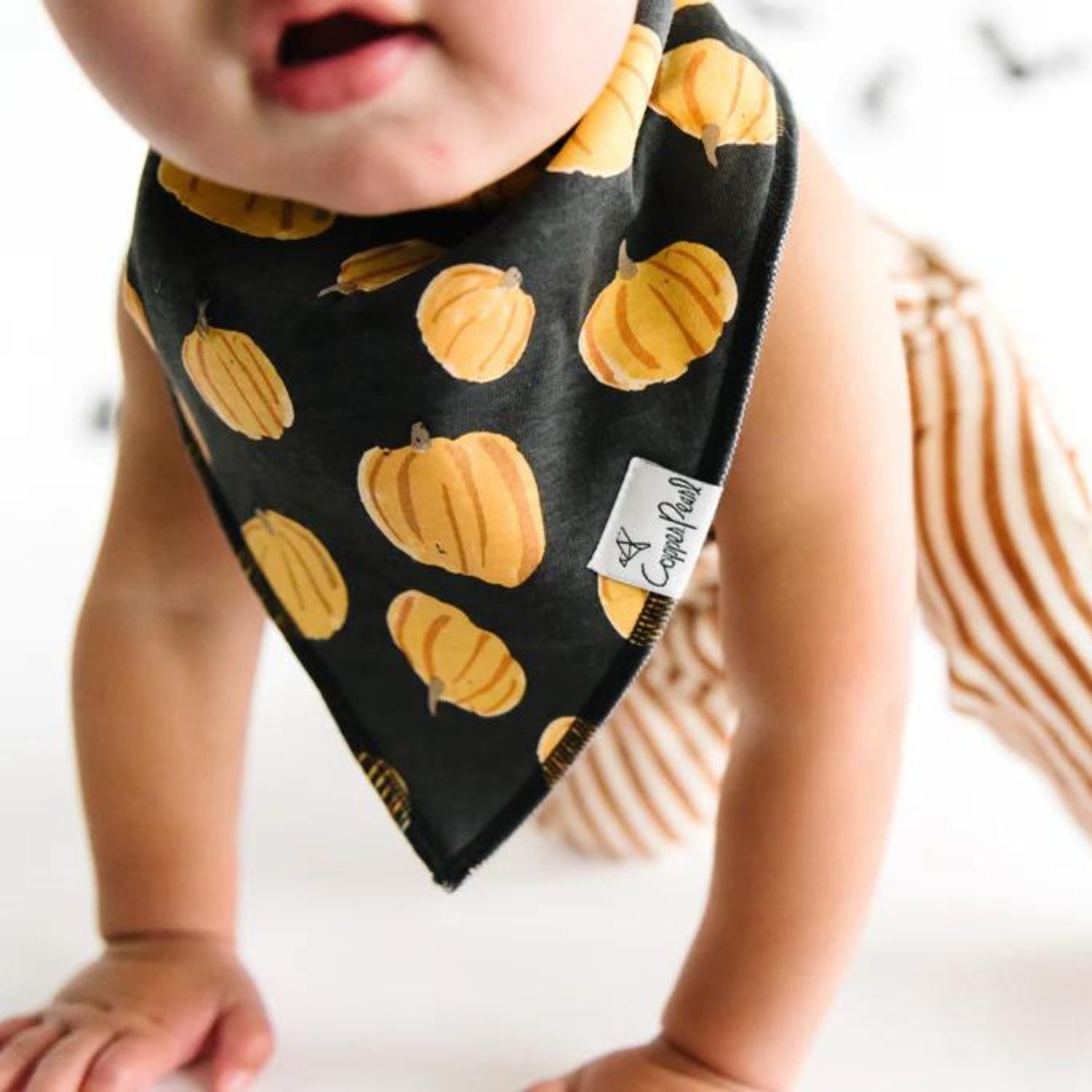 Baby wearing Copper Pearl Single Holiday Bandana Bib - Patch Pumpkins