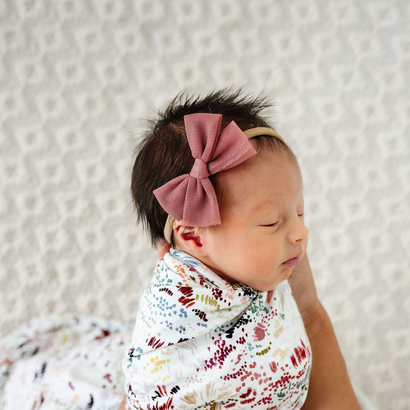 Baby wearing Lou Lou and Company Tulle Bow Headband - Medium - Rose