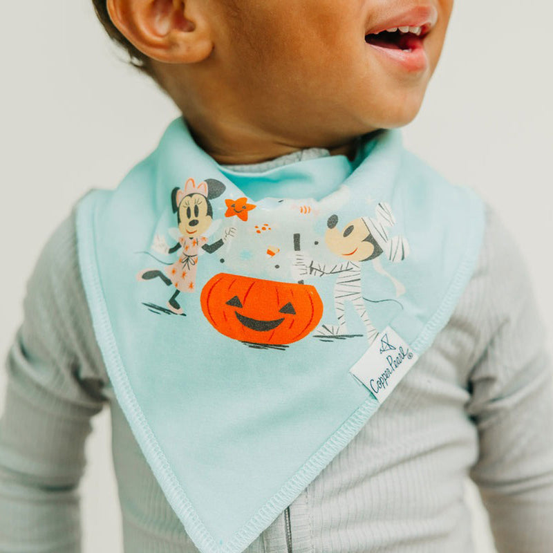 Baby wearing Copper Pearl Single Holiday Bandana Bib - Mickey Mouse's Boo Bash - Teal