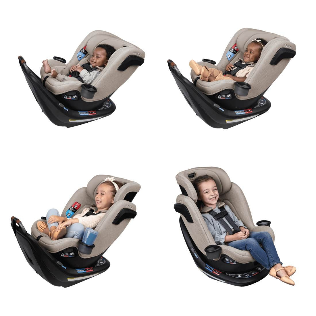 Children of different ages sit in Nuna REVV Rotating Convertible Car Seat 