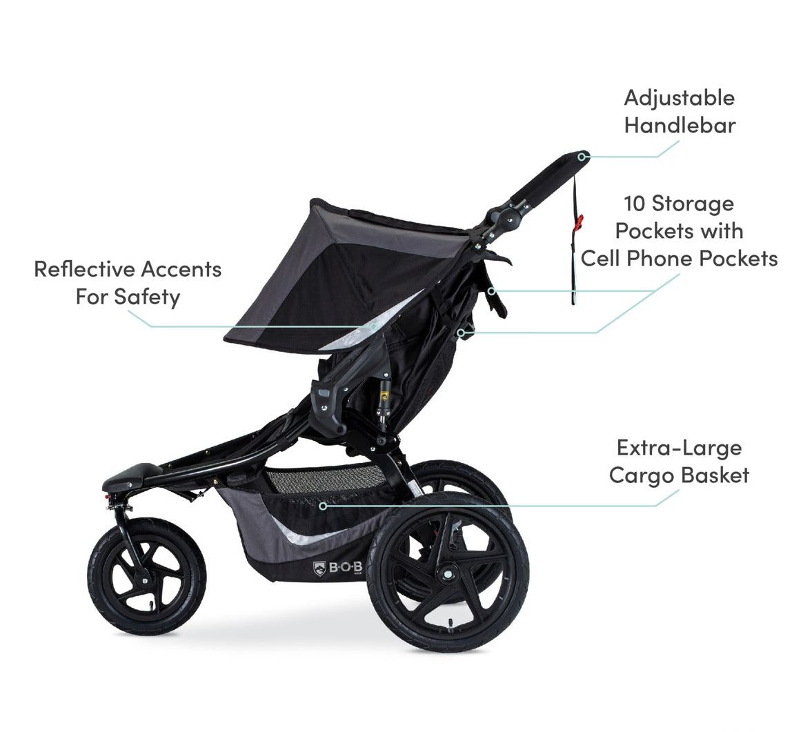 BOB Revolution Flex Duallie 3.0 Double Jogging Stroller Features - Graphite Black