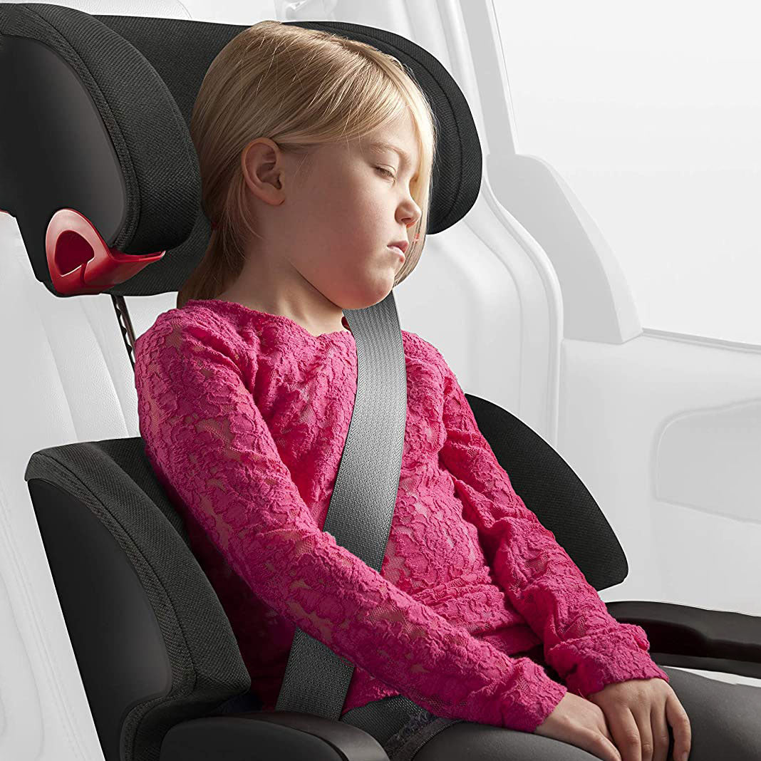 Girl sleeping in Clek Oobr Full Back Booster Seat - Railroad