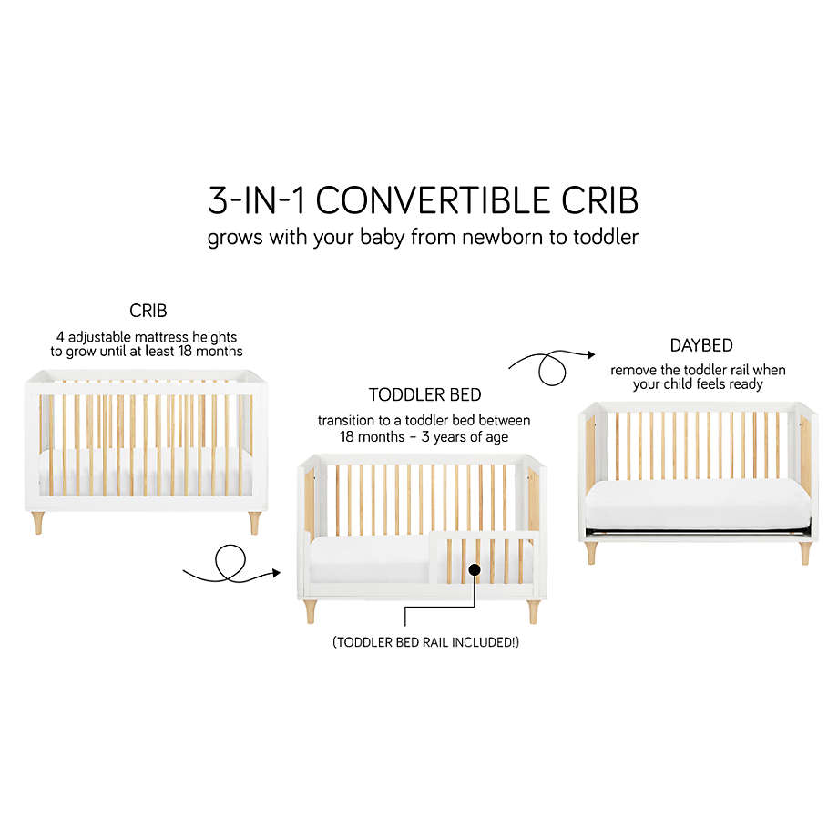 Babyletto Lolly 3-in-1 Convertible Crib with Toddler Bed Conversion Kit - White/Washed Natural