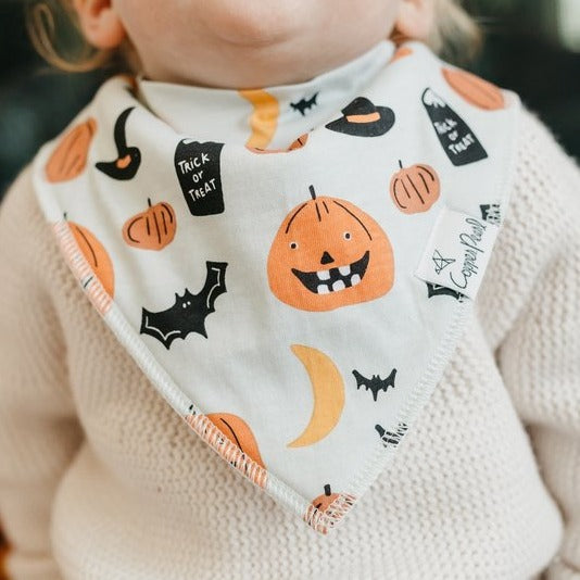 Baby wearing Copper Pearl Single Holiday Bandana Bib - Trick or Treat