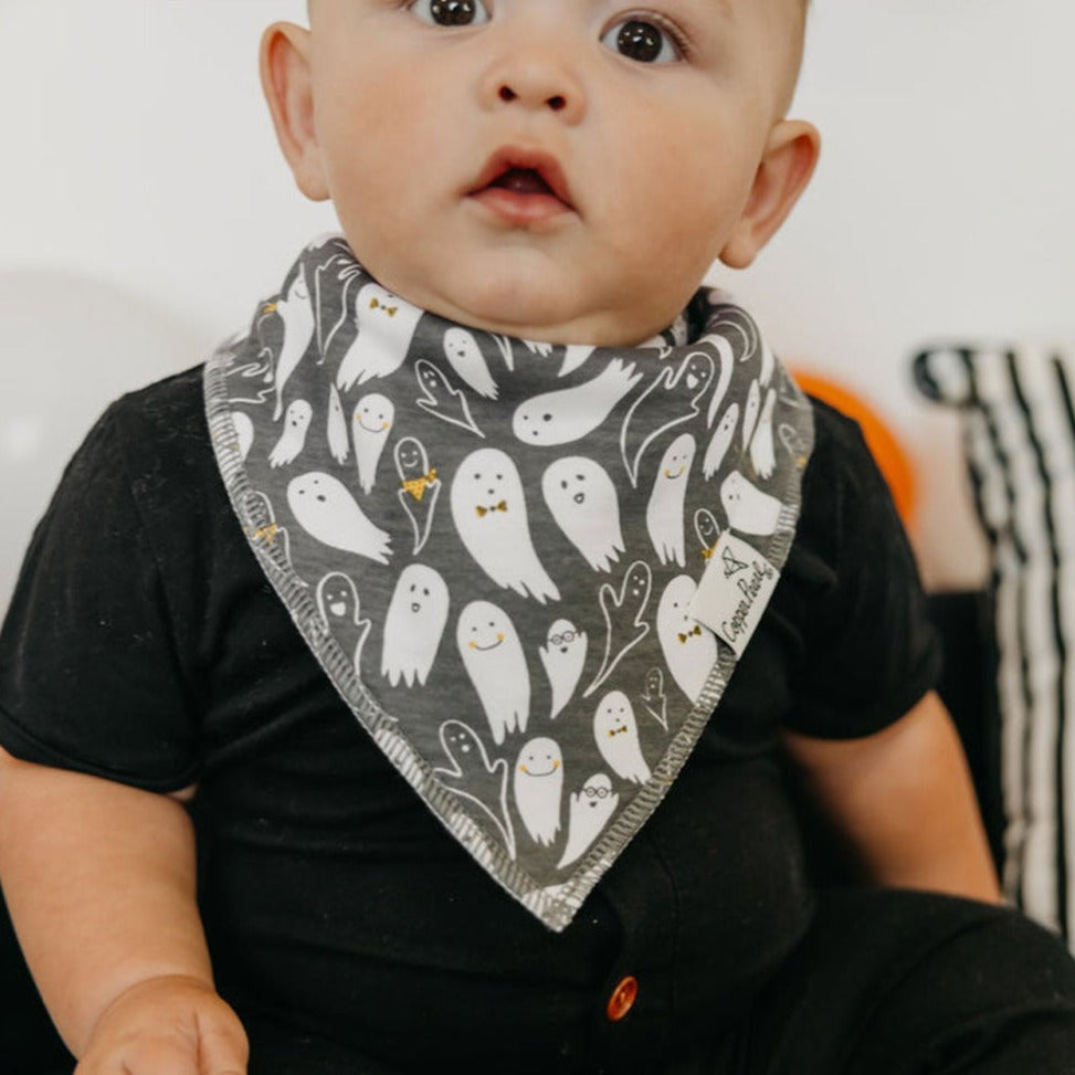 Baby wearing Copper Pearl Single Holiday Bandana Bib - Bones Ghost