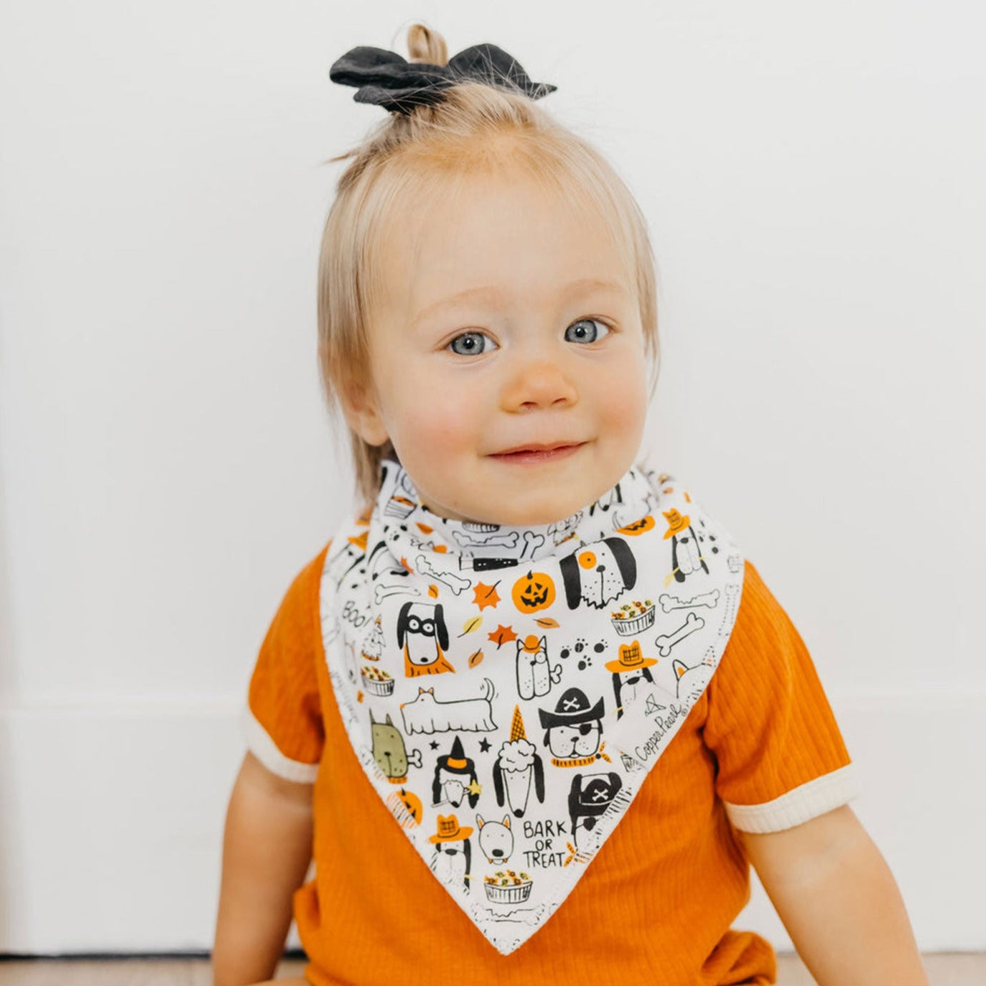 Baby wearing Copper Pearl Single Holiday Bandana Bib - Bones Dogs