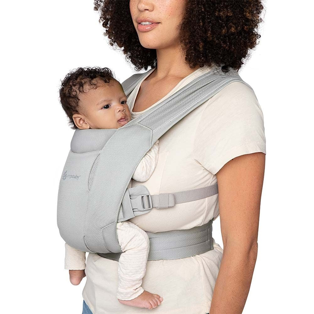 Mom wearing baby in Ergobaby Embrace Soft Air Mesh Carrier - Soft Grey