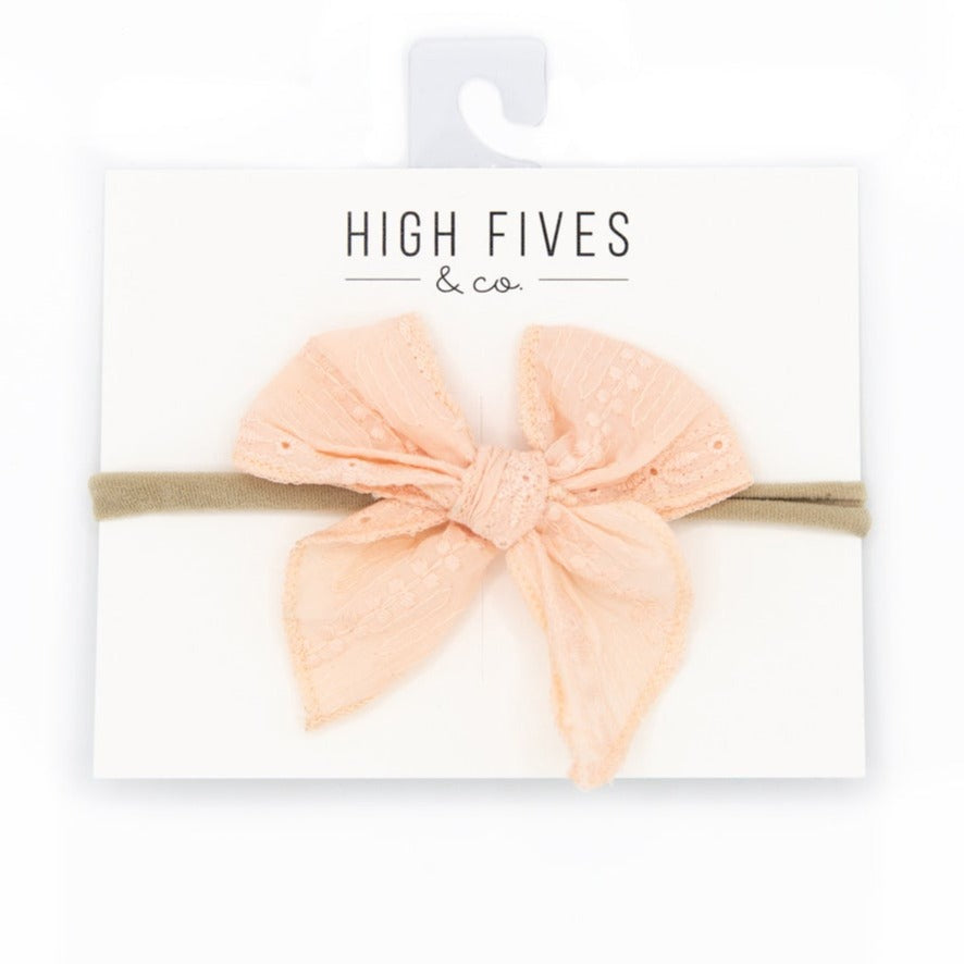 High Fives Eyelet Lace Bow with Pointed Tails on Nylon Headband - Peach