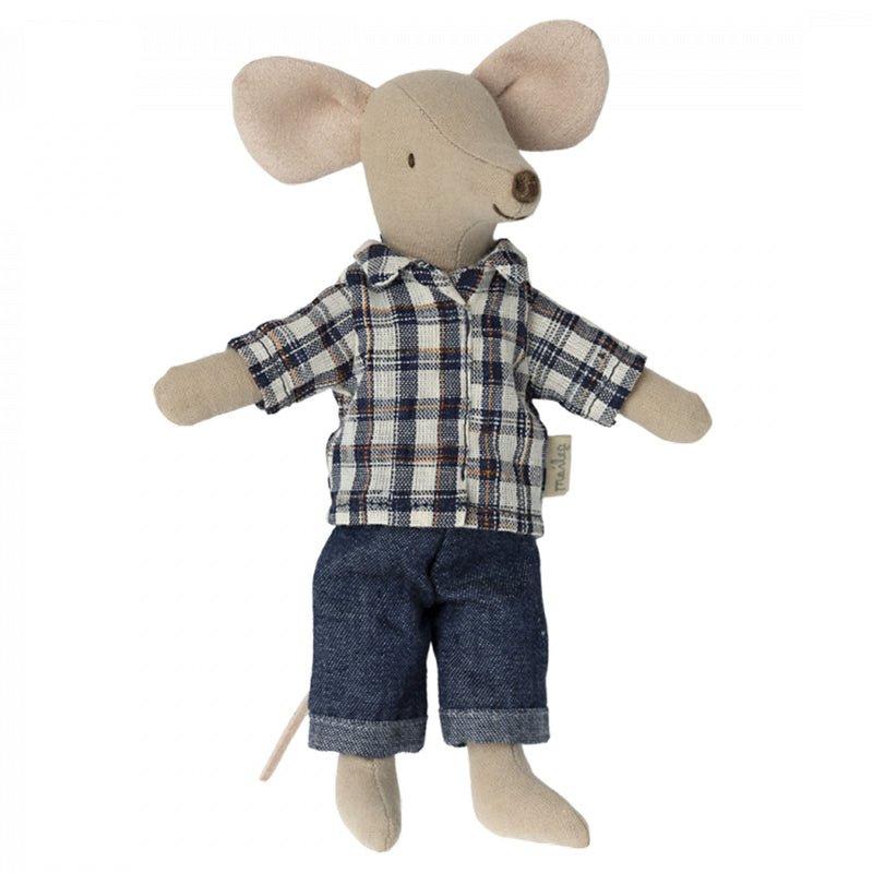 Maileg Dad Mouse in Blue Plaid Top and Denim Pants