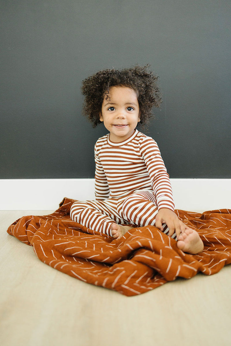 Mebie Baby Ribbed Two-Piece Cozy Set - Dark Rust + White Striped