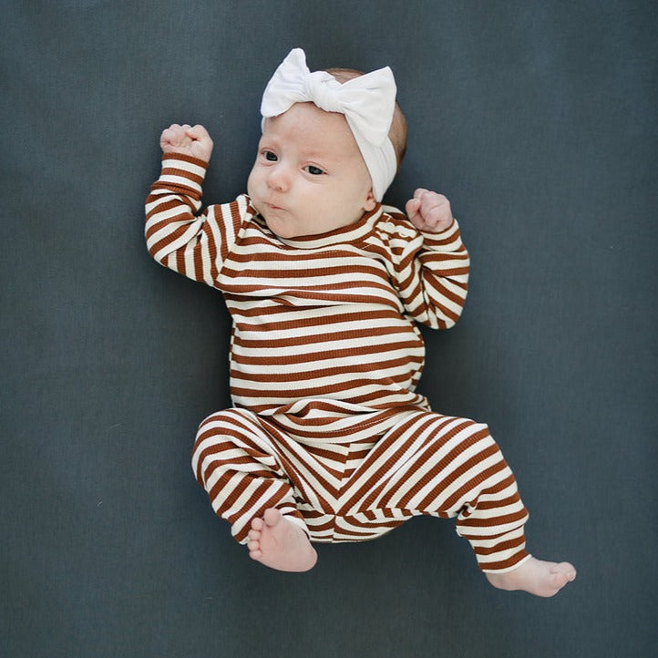 Mebie Baby Ribbed Two-Piece Cozy Set - Dark Rust + White Striped