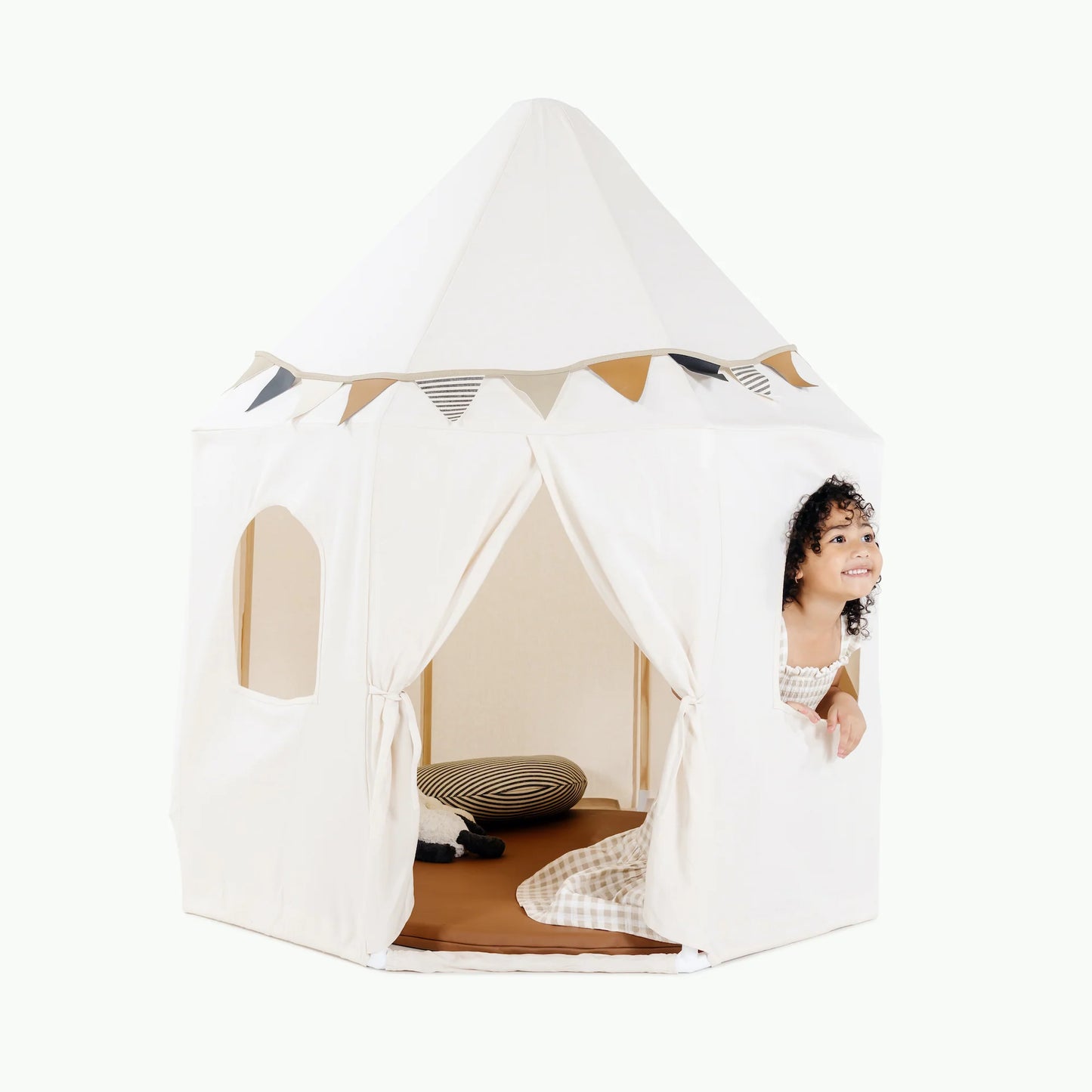 Little girl looking out the window of Gathre Play Tent - Ivory