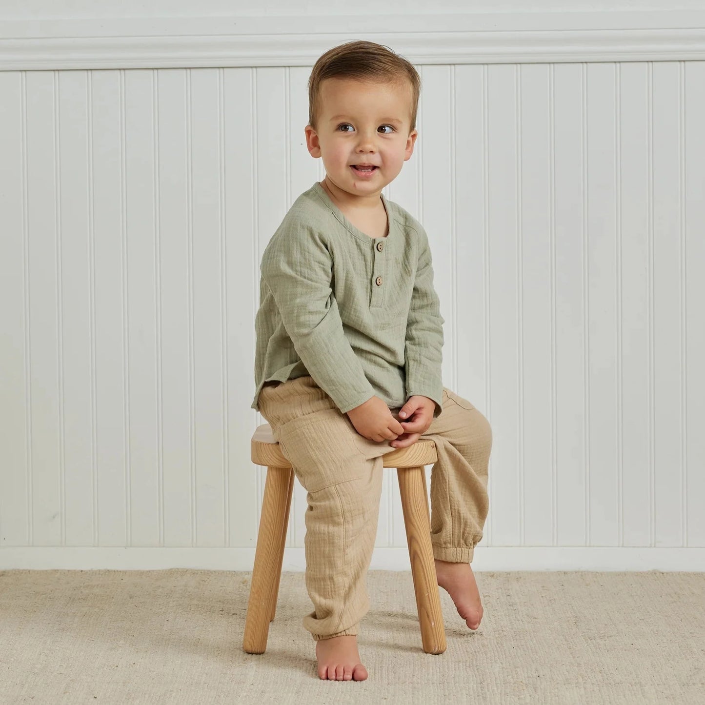 Little boy wearing Quincy Mae Zion Shirt - Pistachio