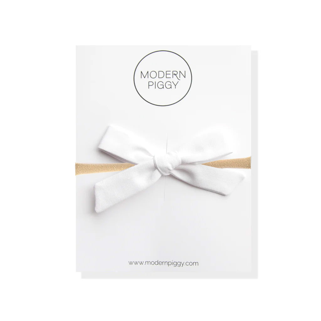 Modern Piggy Hand-Tied Bow - Nylon Headband - True White