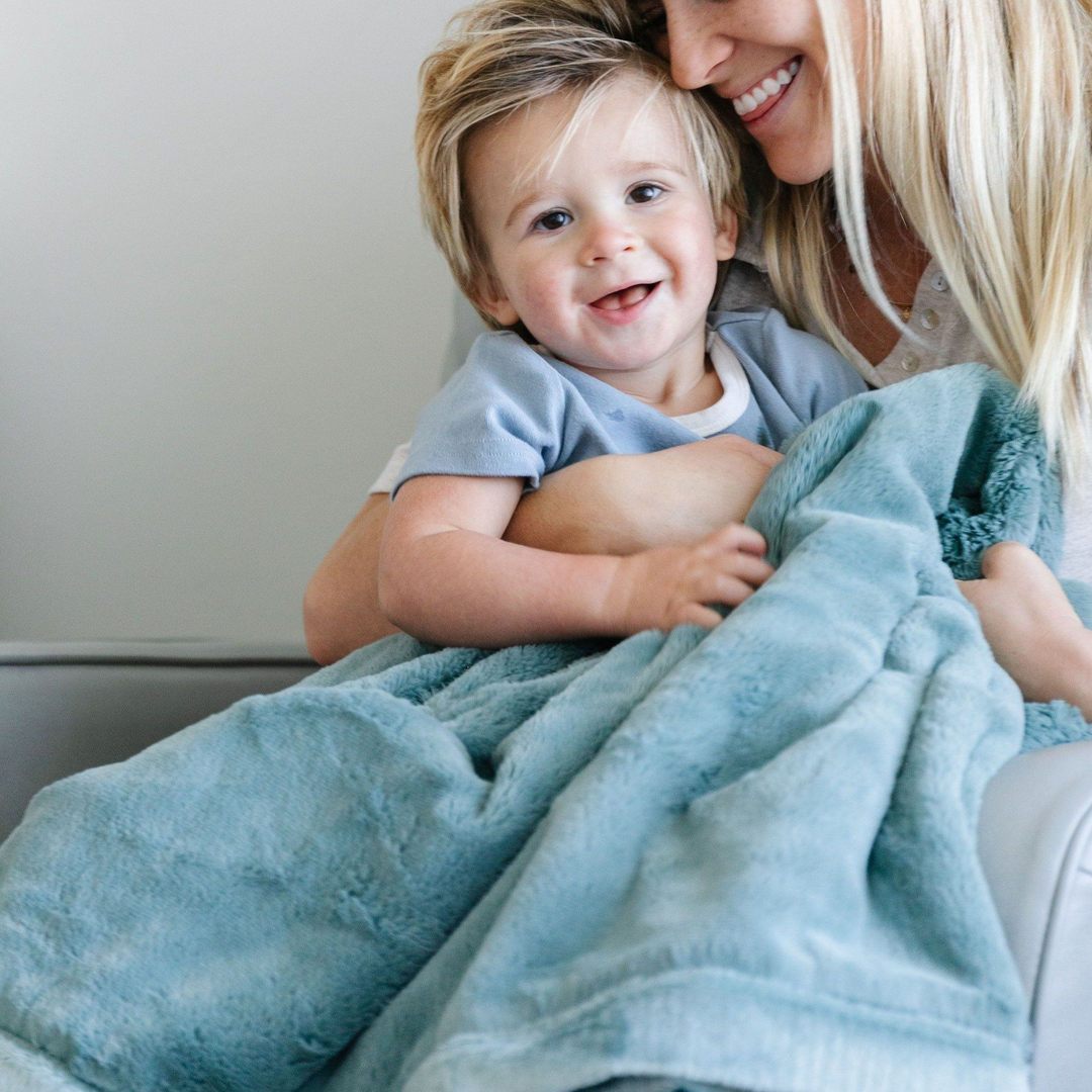 Mother and Son with Saranoni Receiving Lush Blanket - Dew