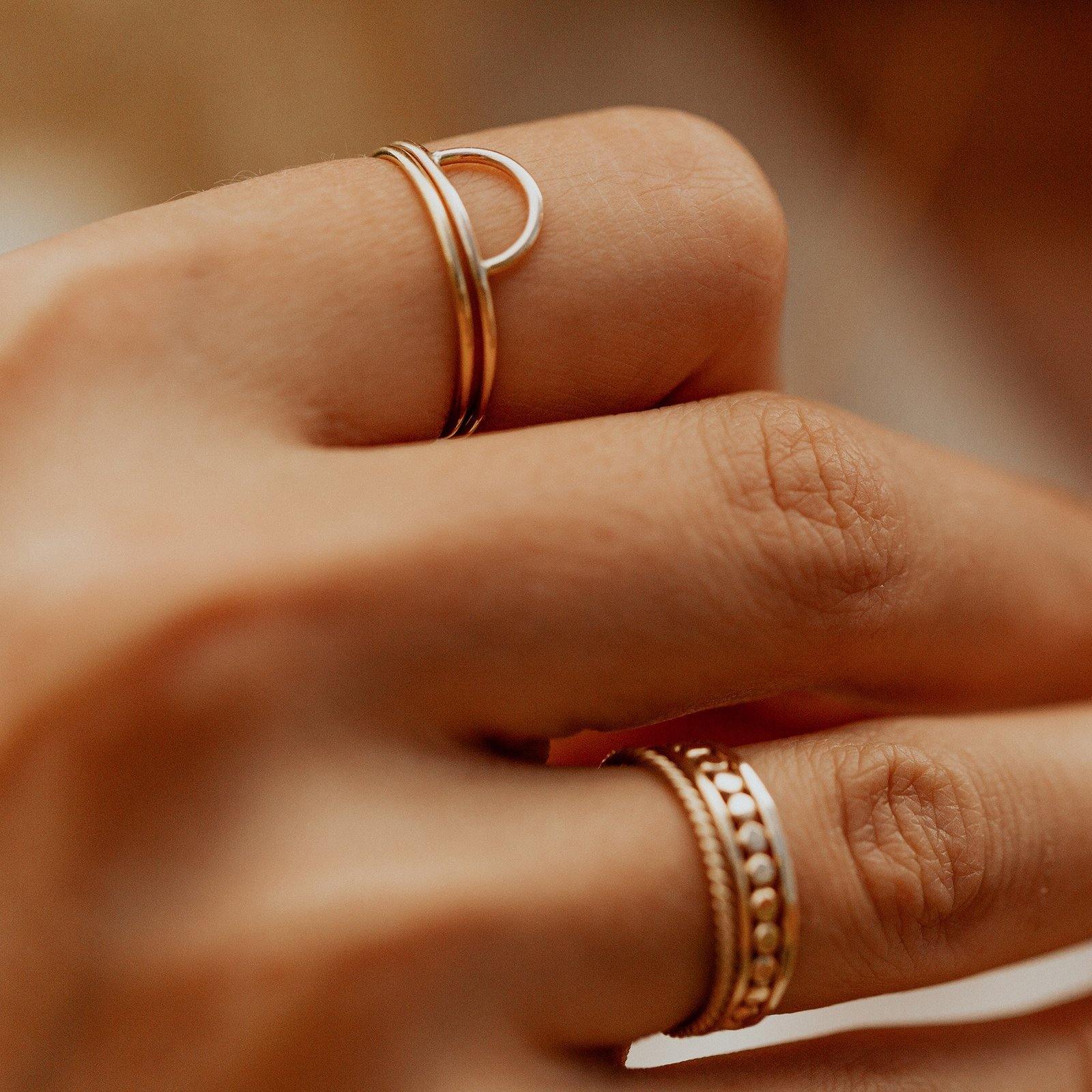 Woman Wearing Made by Mary Gold Filled Esta Ring