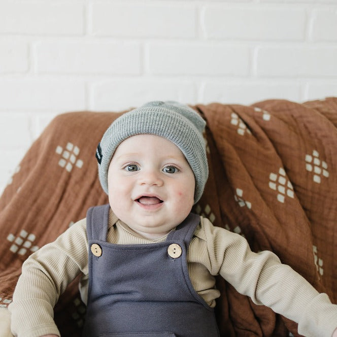 Baby wearing Mebie Baby Beanie - Light Grey 