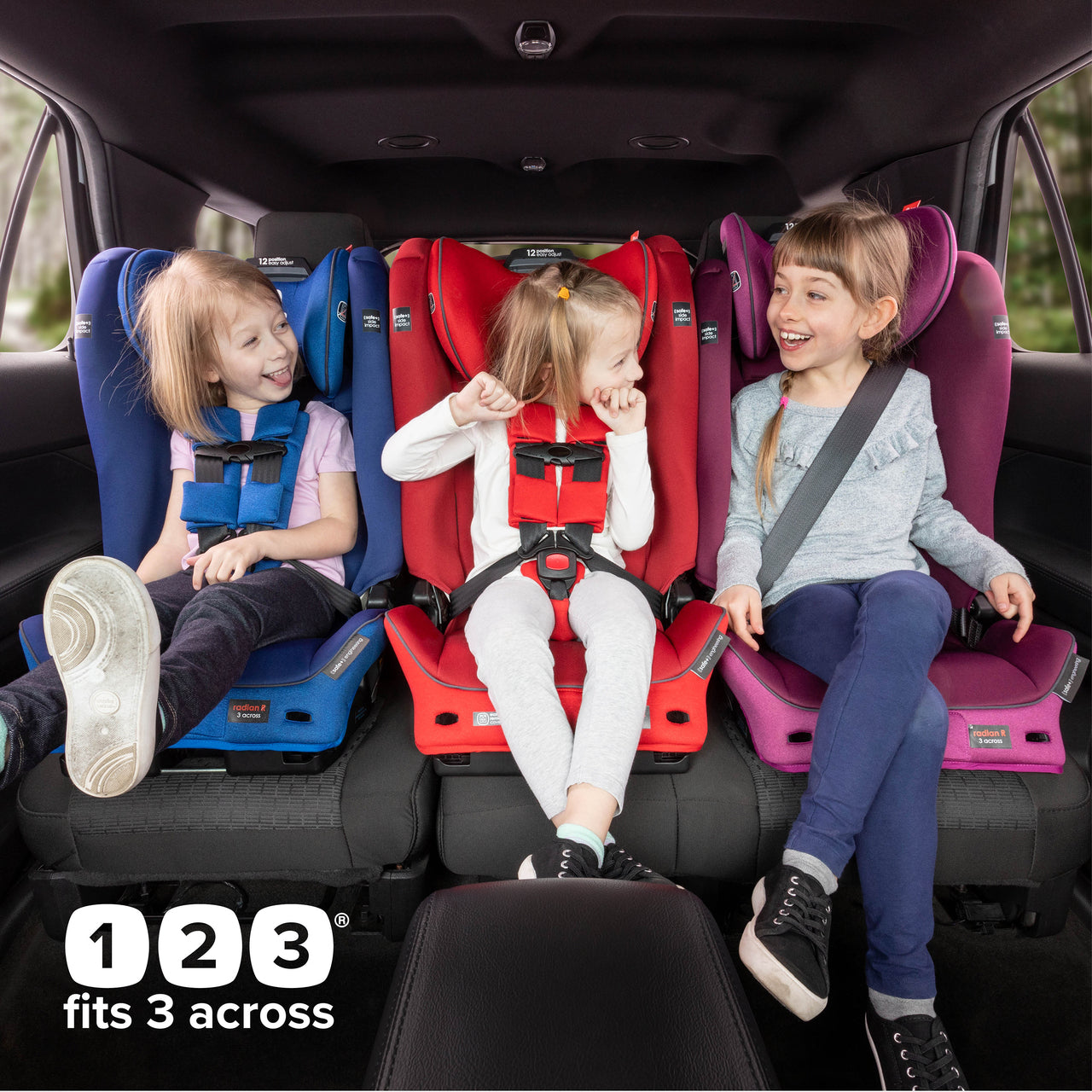 Kids sitting in Diono Radian 3RXT SafePlus Convertible Car Seat - Blue Sky,  Red Cherry, Purple Plum